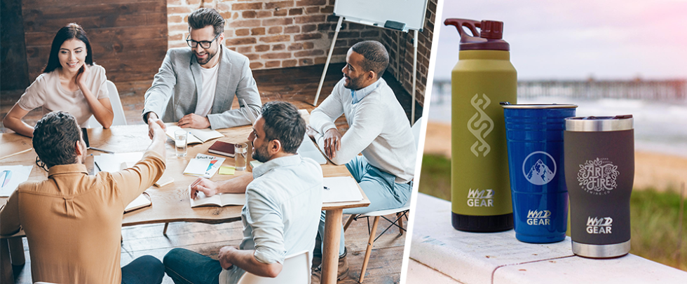 marketing meeting members and custom drinkware